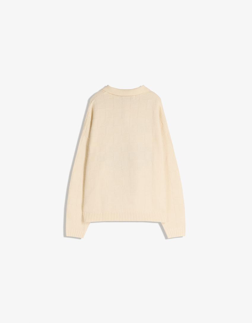 Pull col polo imprimé-Beige
