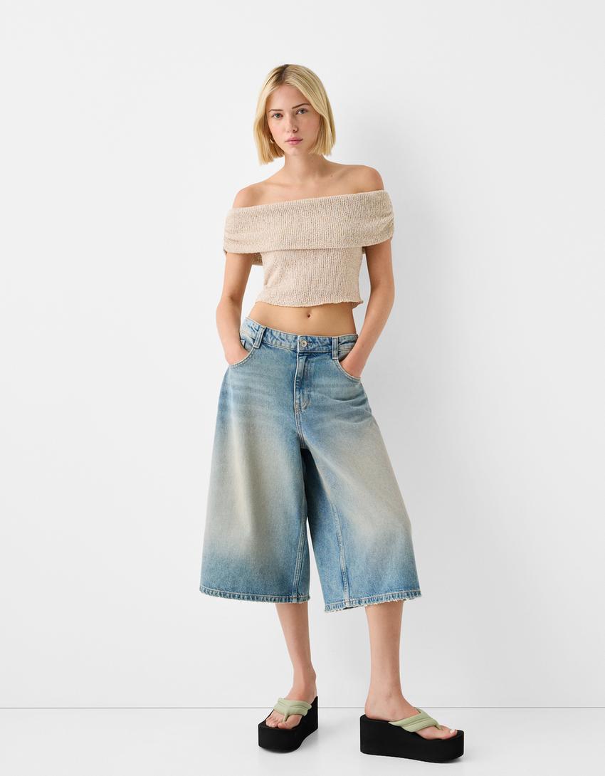 Parıltılı iplikli açık omuzlu triko top-Kum rengi-3