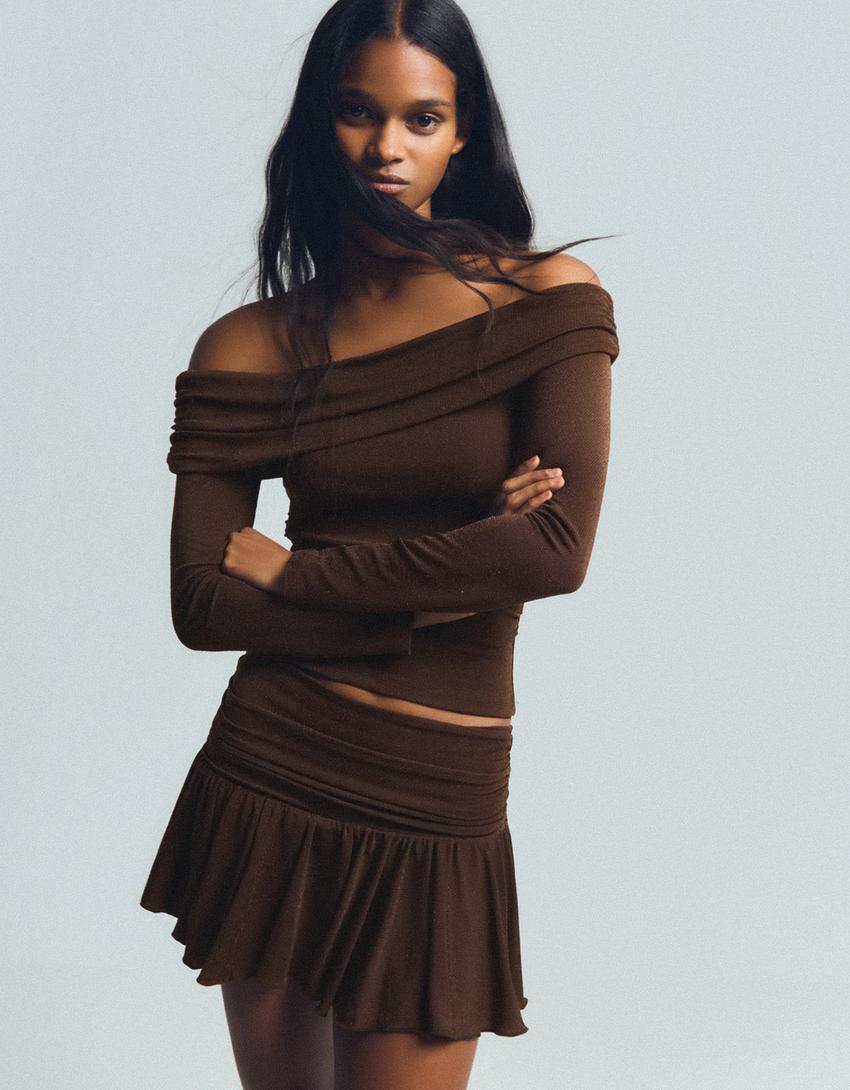 Metallic thread textured mini skirt-Brown