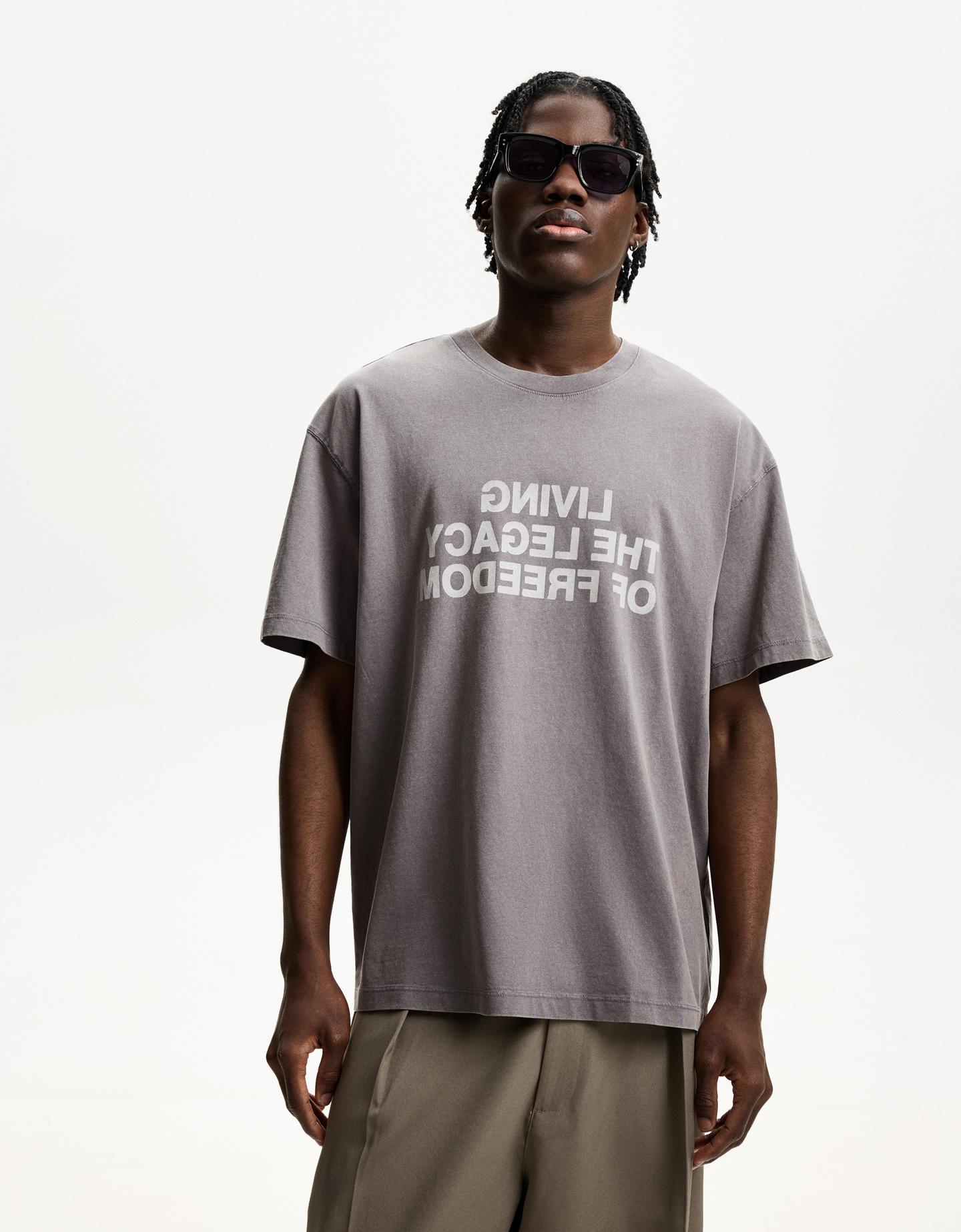 Bershka Camiseta Manga Corta Print Hombre L Gris Oscuro