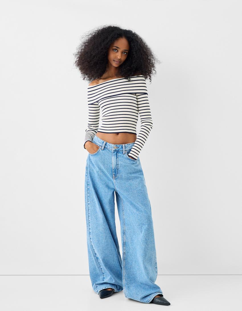 Pull col Bardot revers rayures-Écru-3