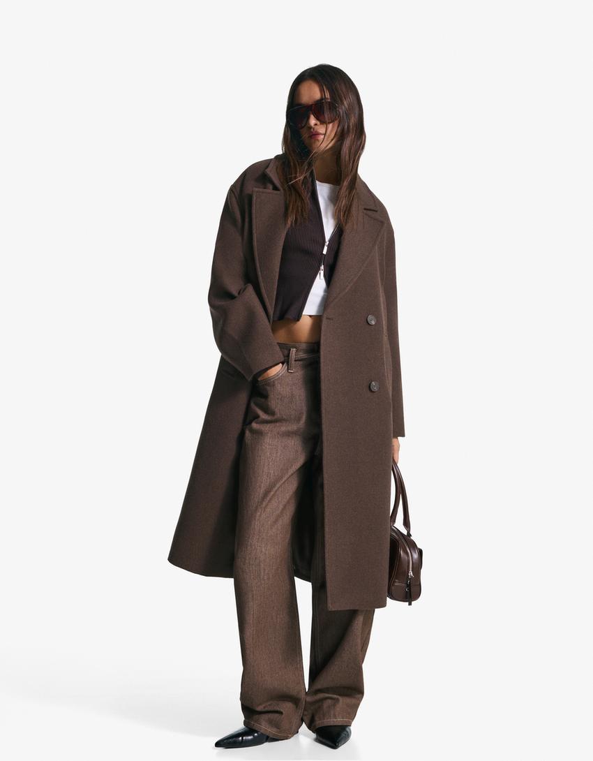 Long drop-shoulder coat-Brown-0