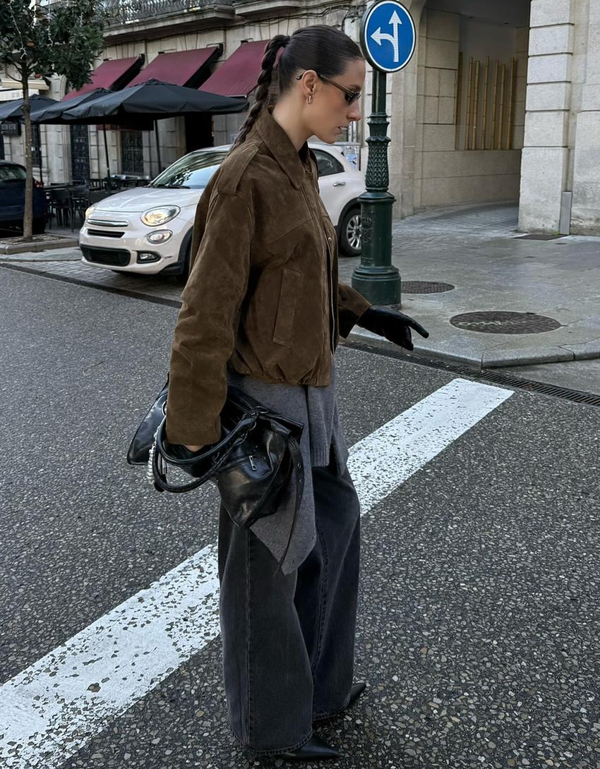 Leather and suede jacket-Khaki