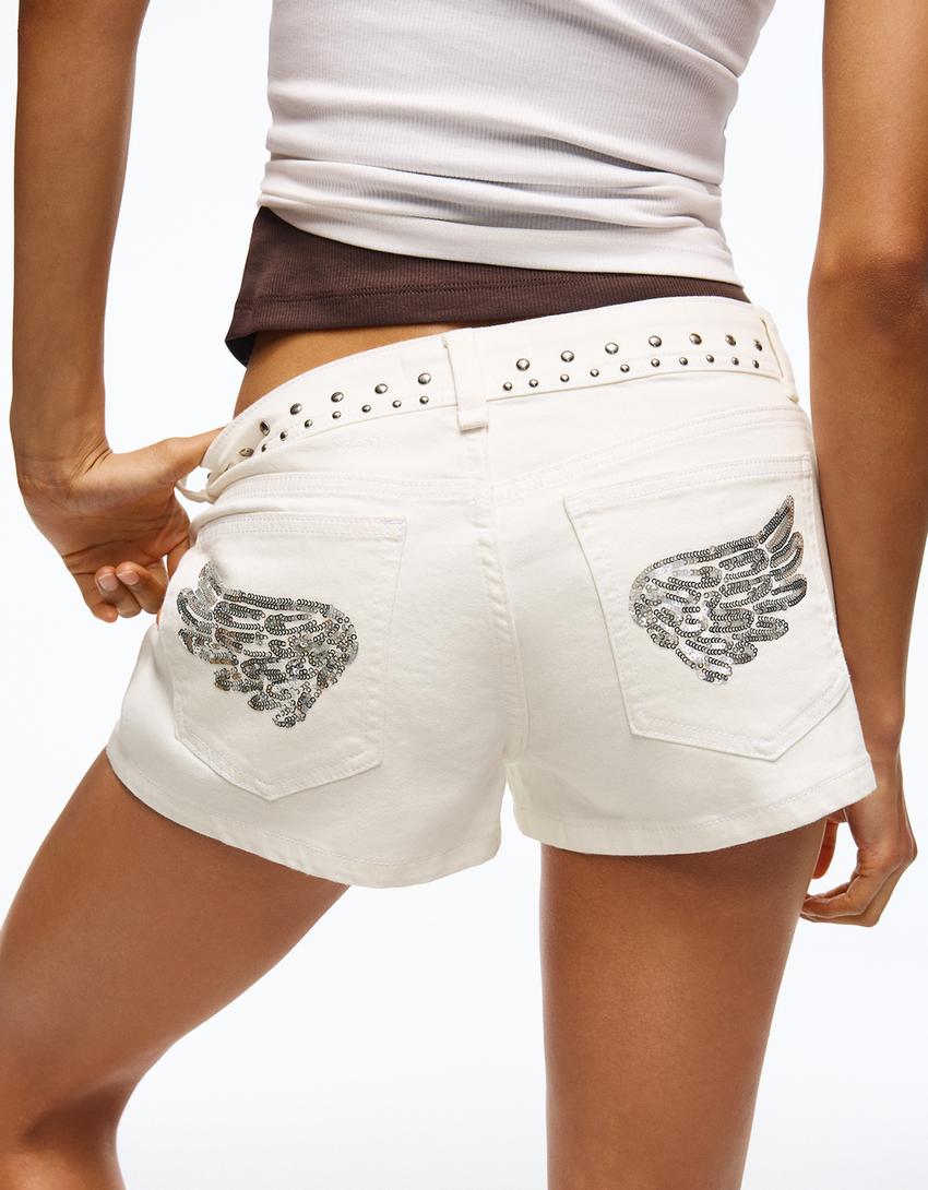 Short sarga tachas-Blanco roto