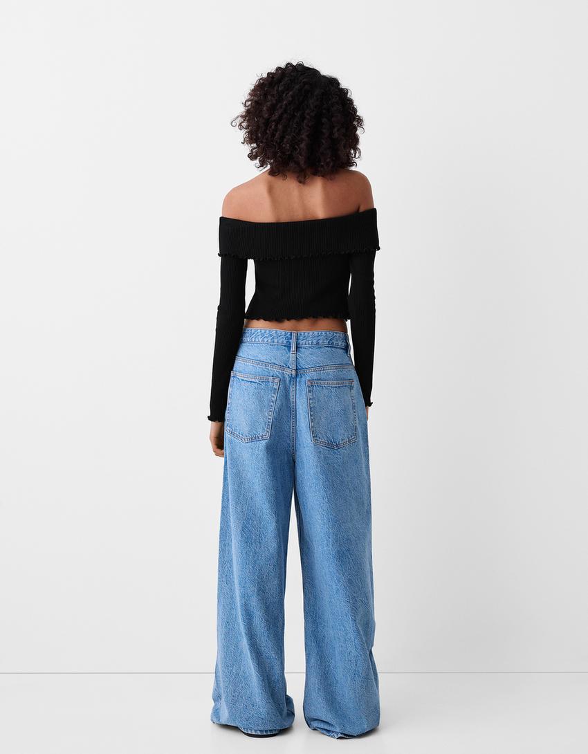 سويتر بياقة باردو وأكمام طويلة-أسود-1