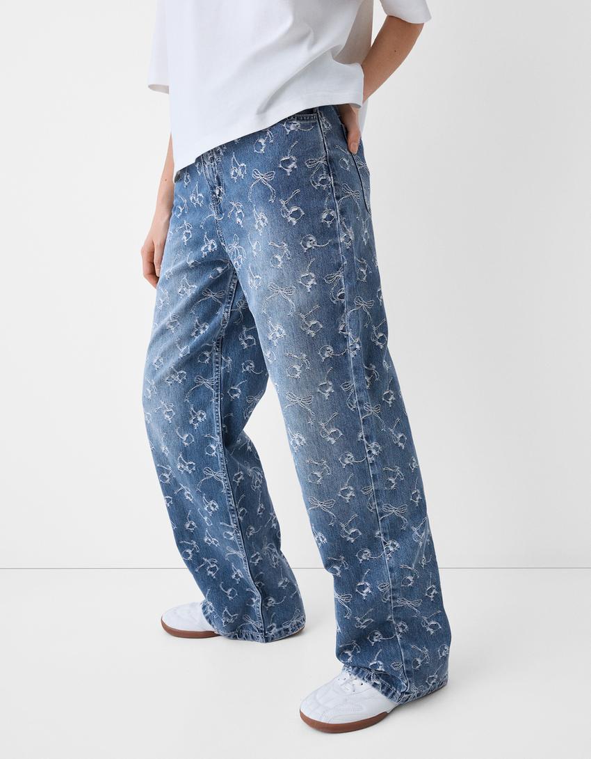 Jacquard print baggy jeans-Light blue-3