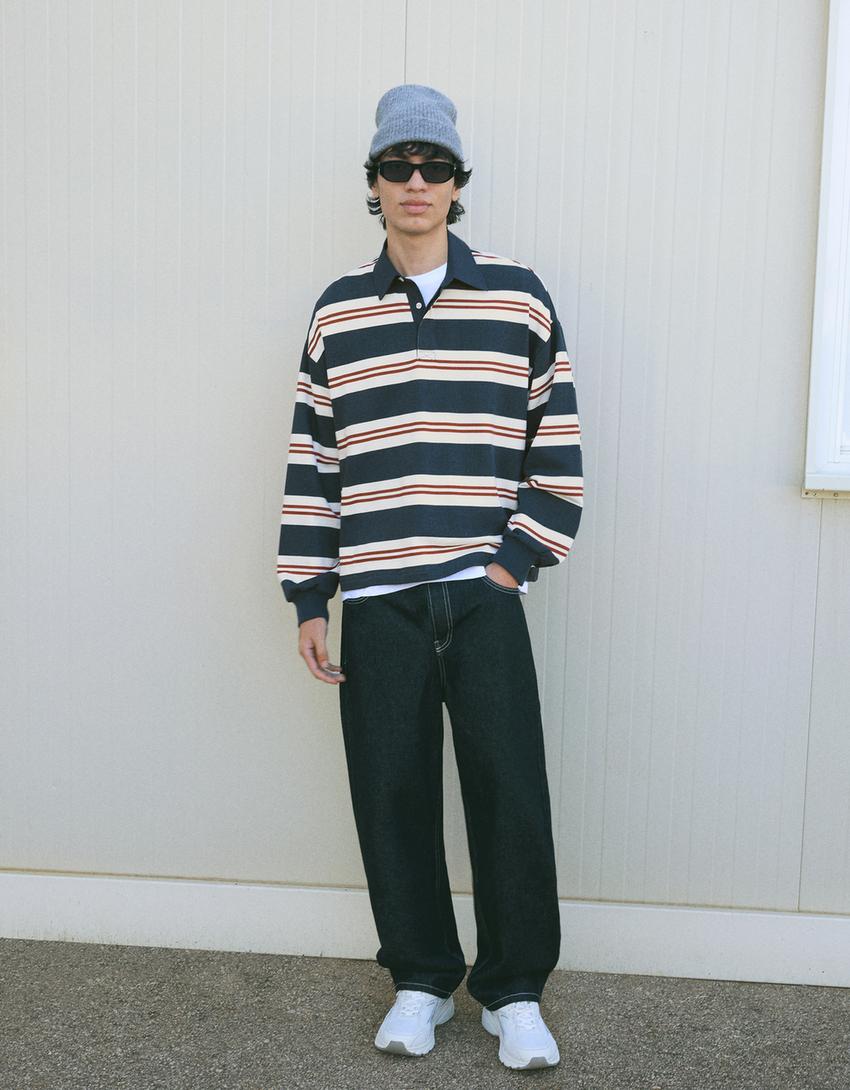 Striped plush polo shirt-Blue