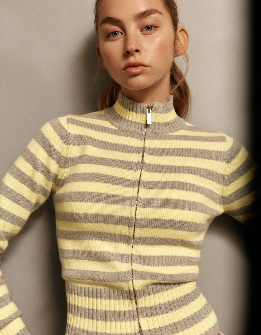 Striped zip-up cardigan-Banana