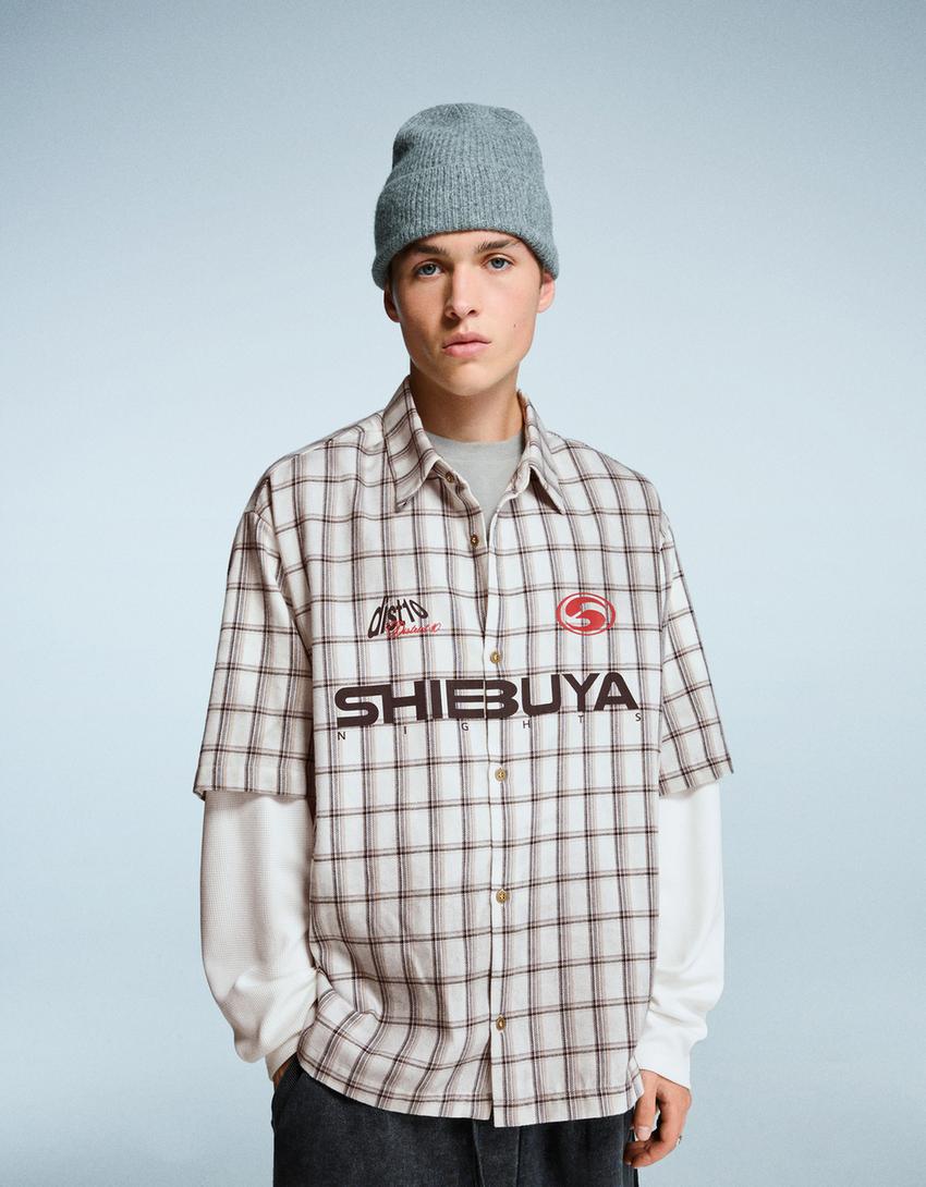 Camisa doble manga boxy cuadros-Gris