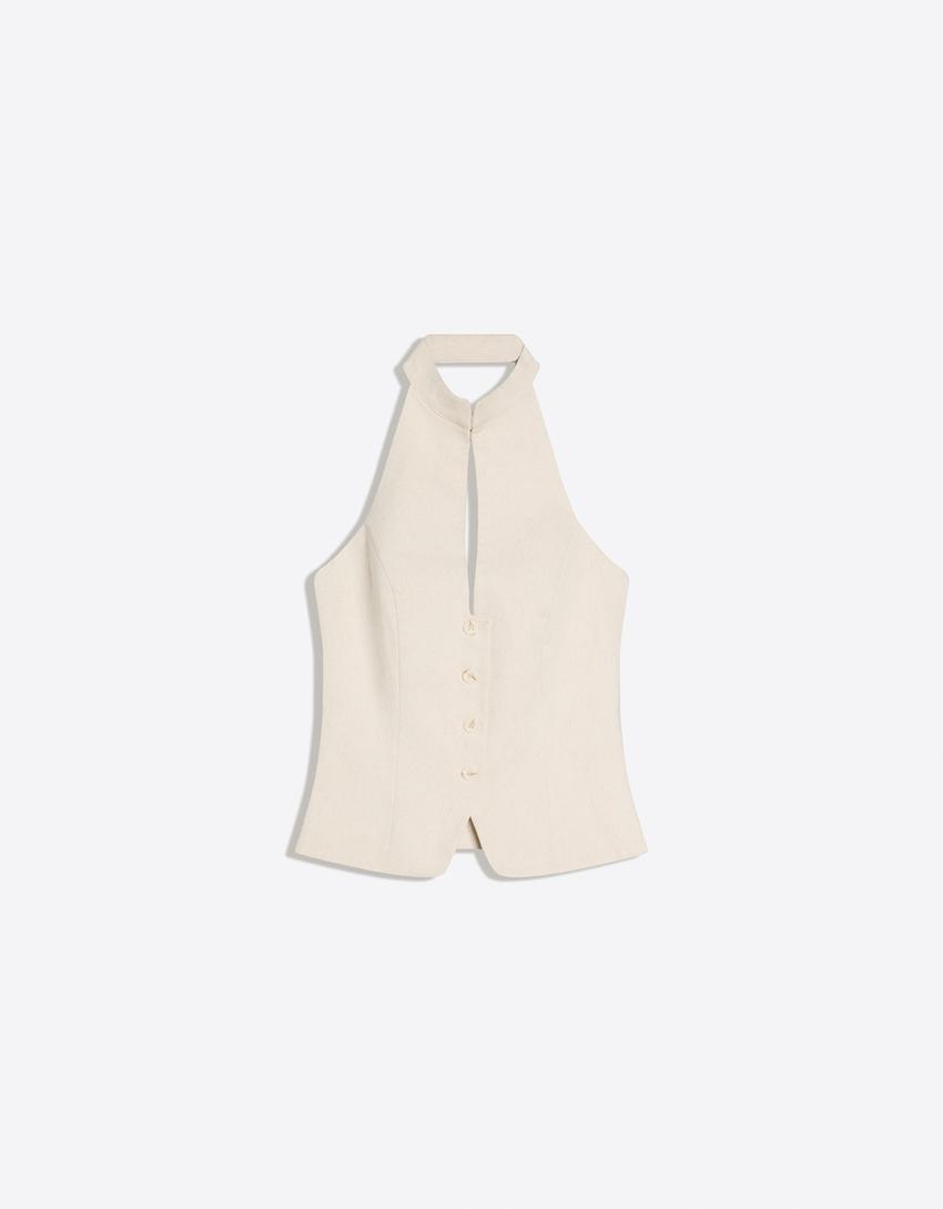 Gilet encolure américaine col officier-Sable