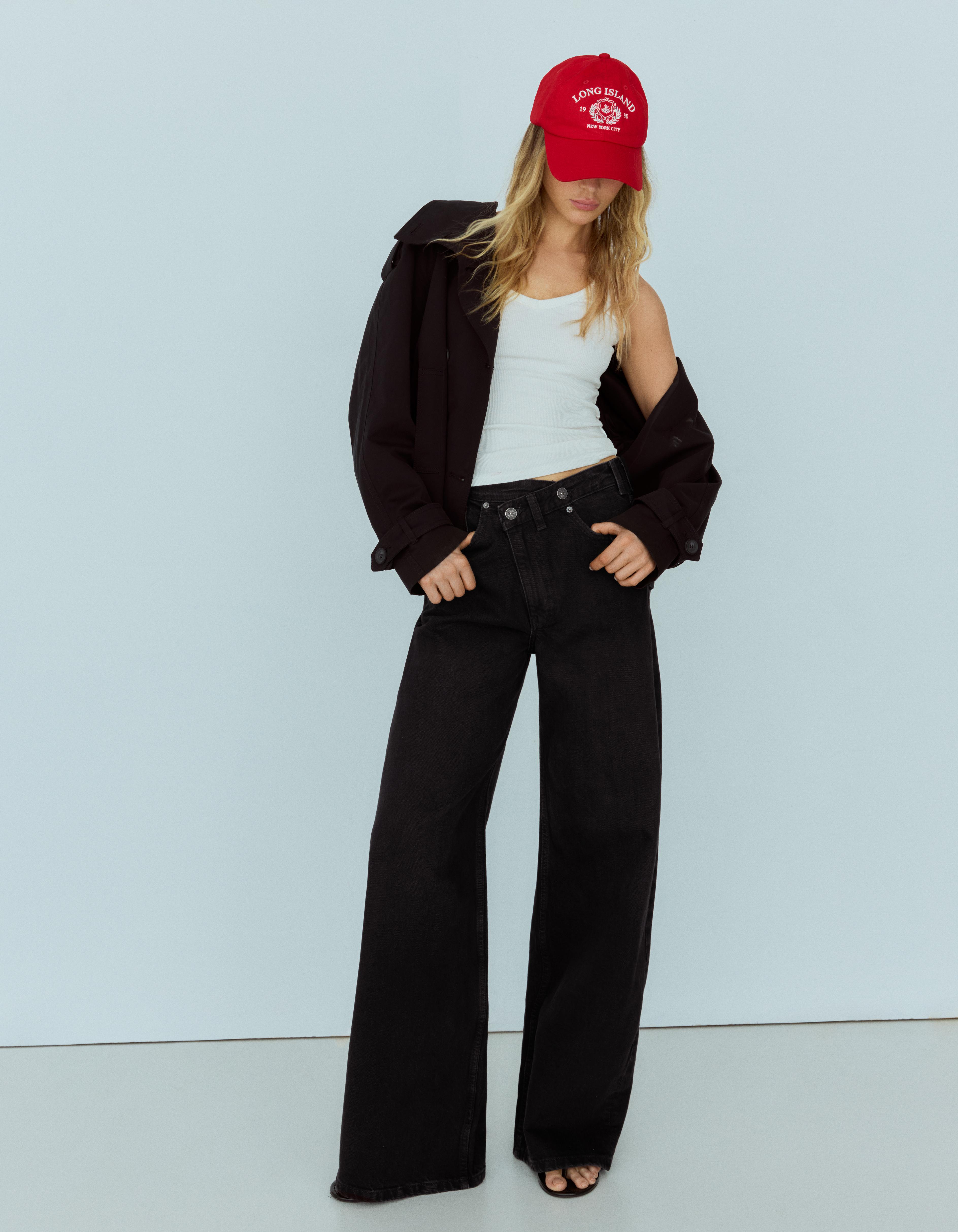 Bershka Jeans Wide Cintura Cruzada Mujer 32 Negro
