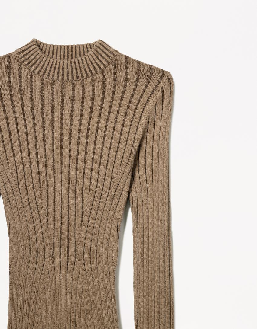 Long sleeve mini ribbed dress-Brown-2
