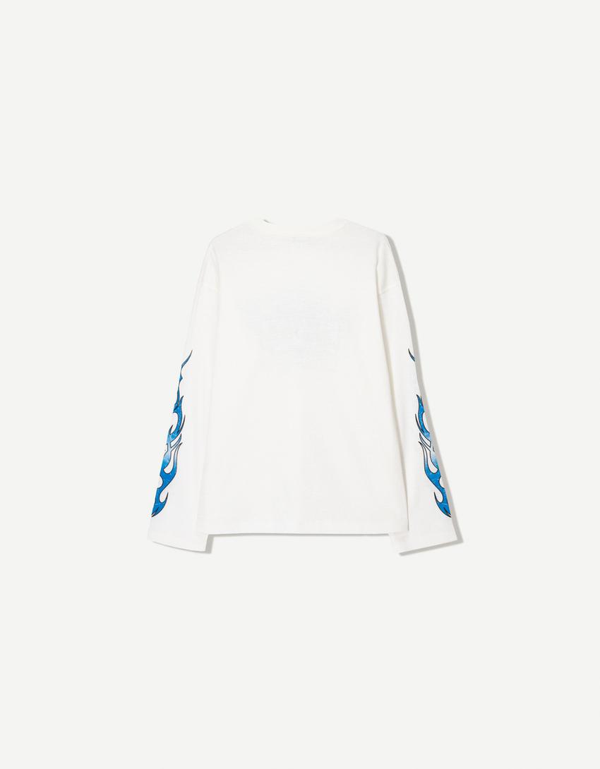 Tricou mânecă lungă print flăcări-Alb murdar-5