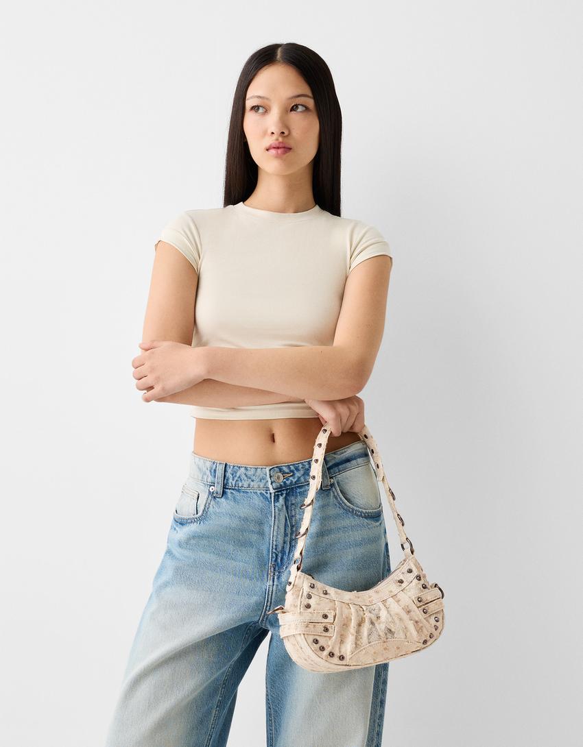 Studded shoulder bag-Beige