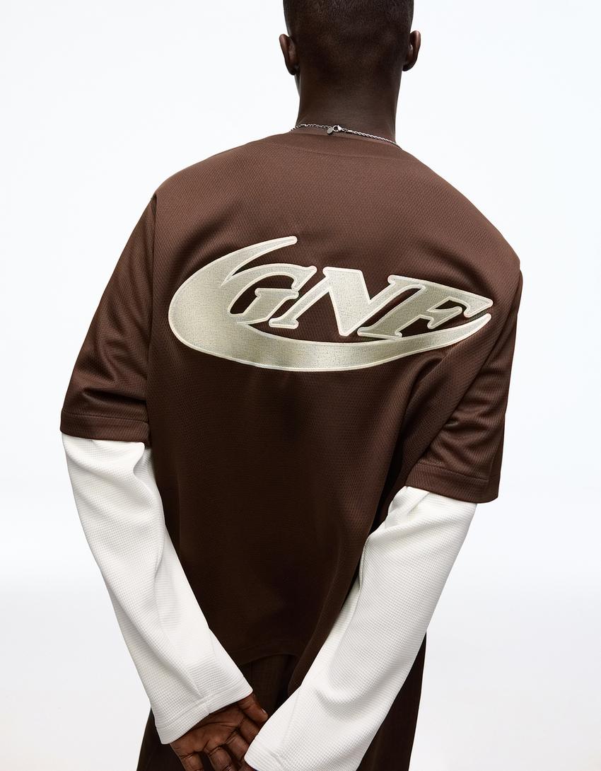 Embroidered double sleeve boxy shirt-Brown