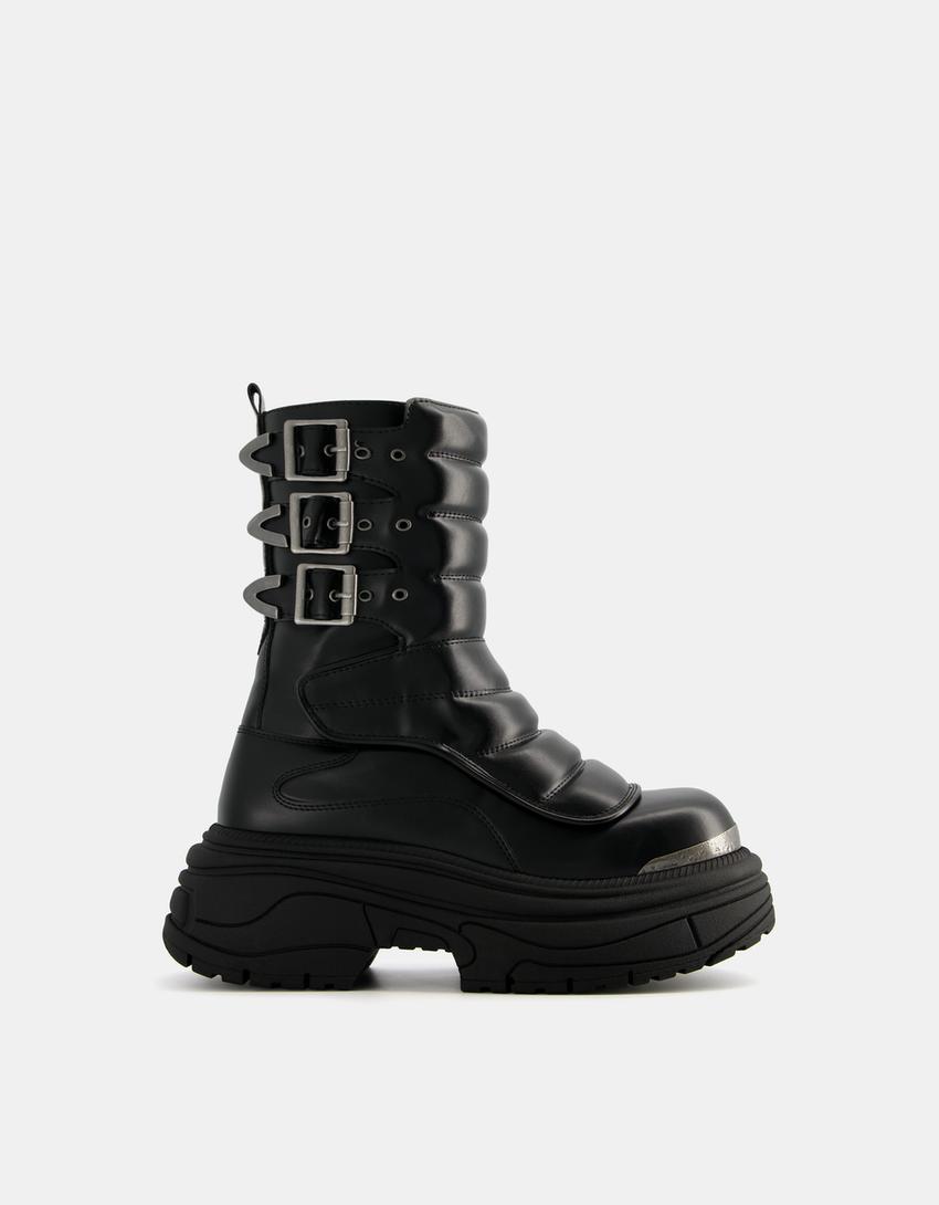 Men’s quilted platform ankle boots with buckles-BLACK