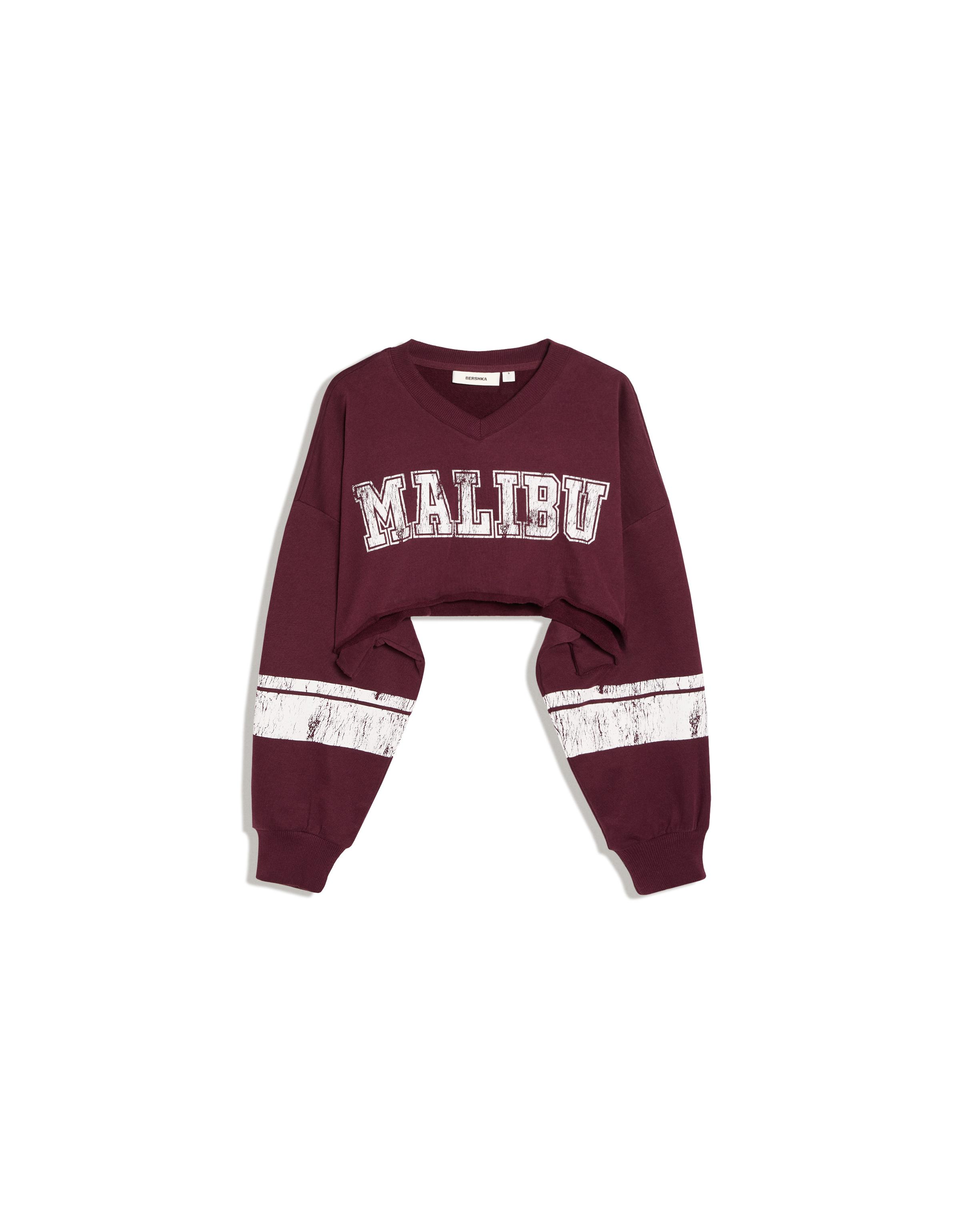 Cropped round neck print sweatshirt — Burgundy