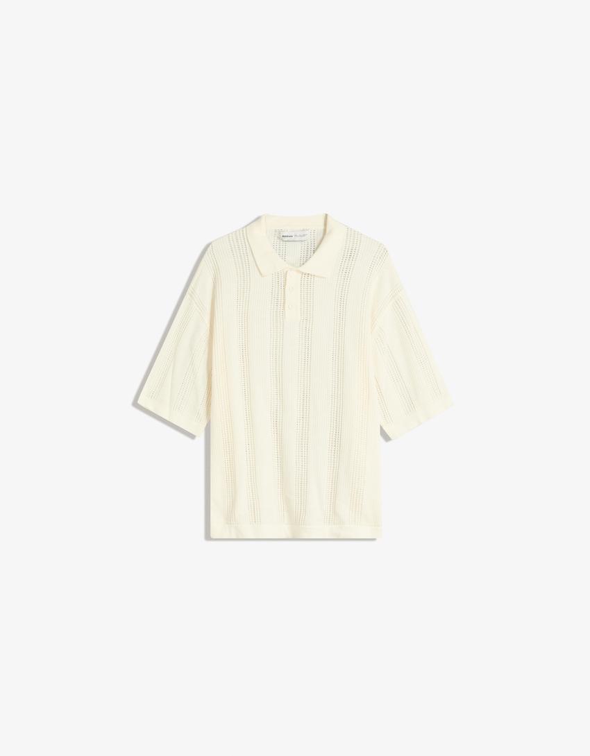 Textured openwork polo shirt-Off white-4