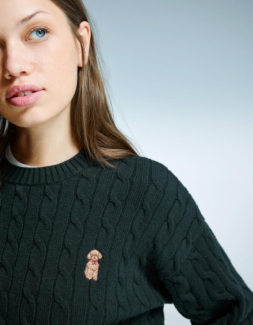 Embroidered cable-knit sweater-Green