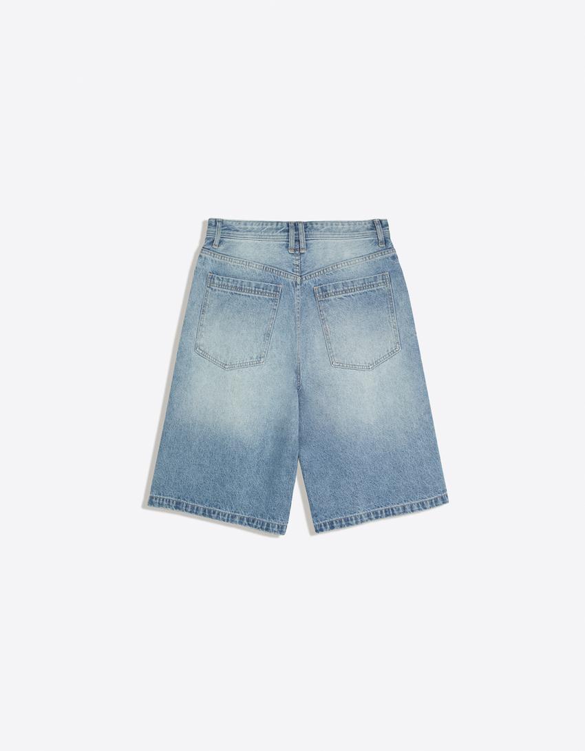 Embroidered denim Bermuda shorts-Light blue