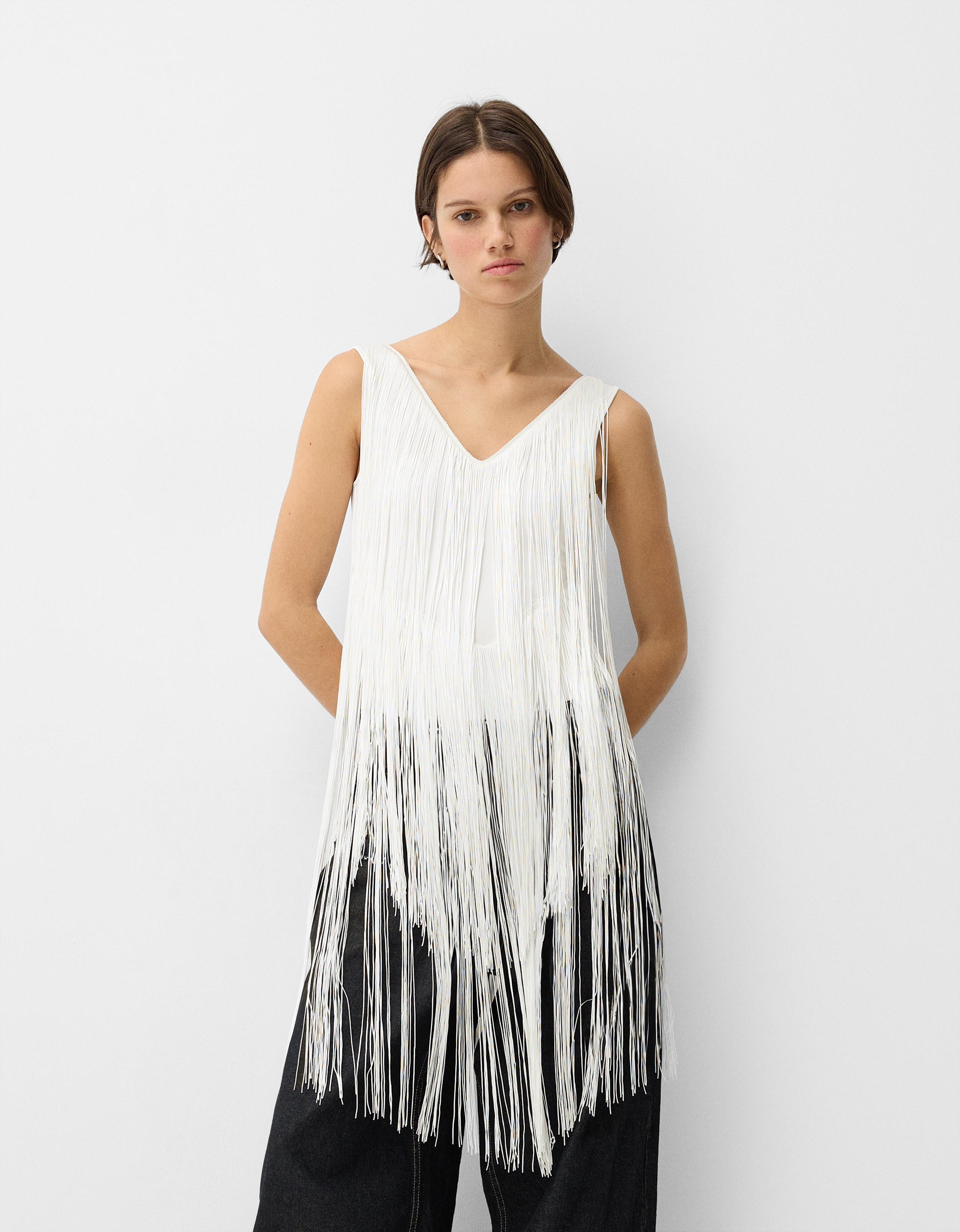 Bershka Maxi-Body Mit Fransen Damen S Grbrochenes Weiss