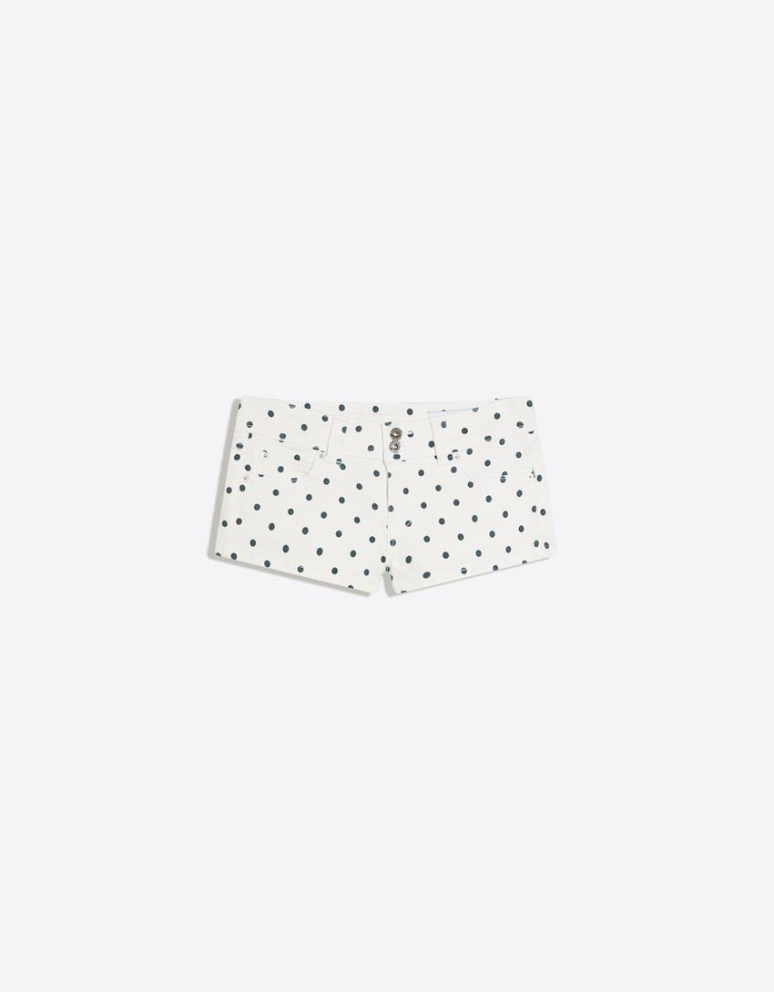 Polka dot denim shorts-Off white