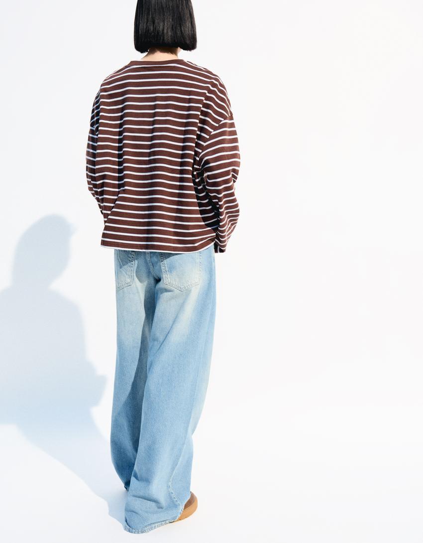 Jeans wide leg taille basse-Bleu lavé