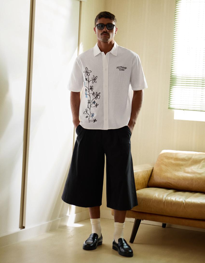 Printed short sleeve boxy fit shirt-White