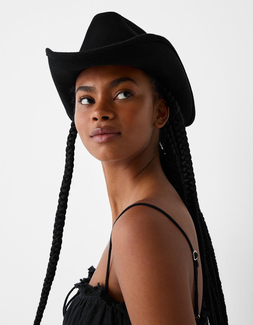 قبعة كاوبوي بتفصيل جلد صناعي-أسود-1