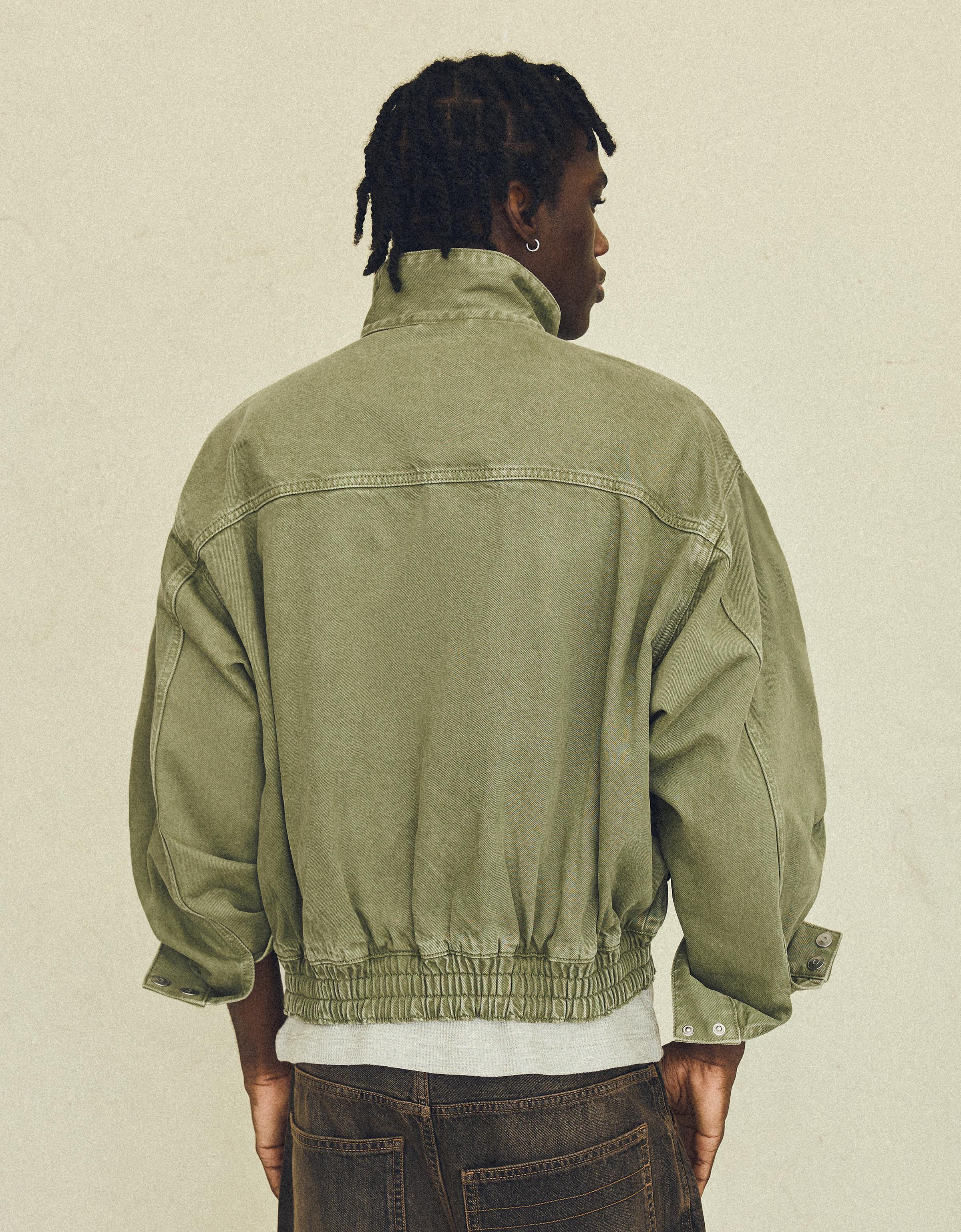 Double-breasted funnel neck jacket with pocket — Green