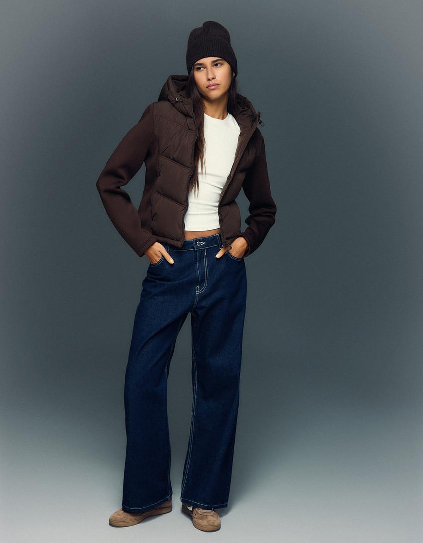 Sentetik kauçuk kumaş görünümlü birleşik kapüşonlu ceket-Kahverengi