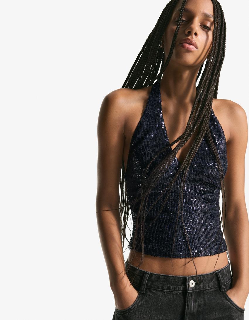 Top halter drapeado lentejuelas-Azul oscuro