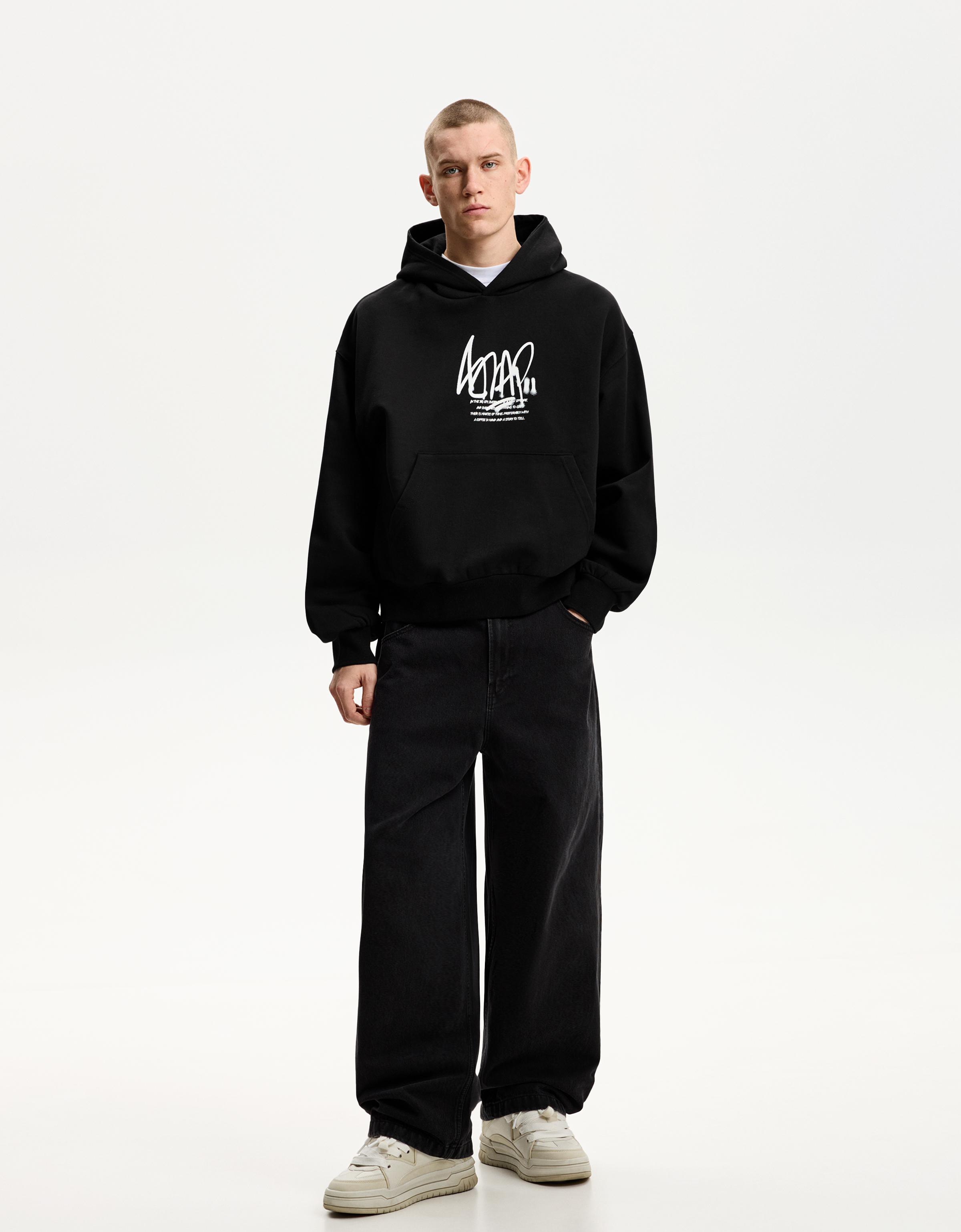 Bershka Hoodie Im Boxy-Fit Mit Kapuze Und Print Herren L Schwarz