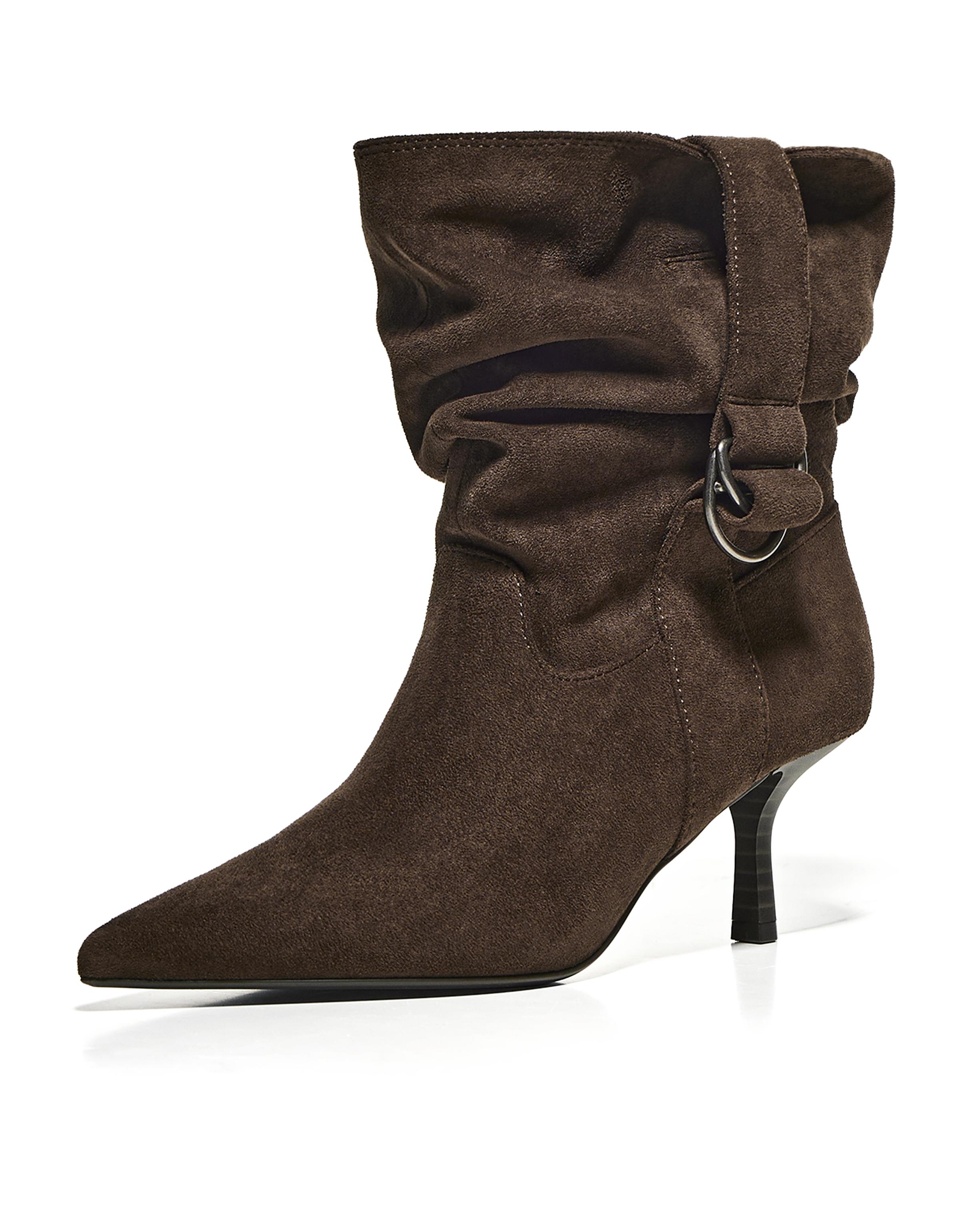 SLOUCHY BUCKLE HEEL ANKLE BOOTS — TAUPE