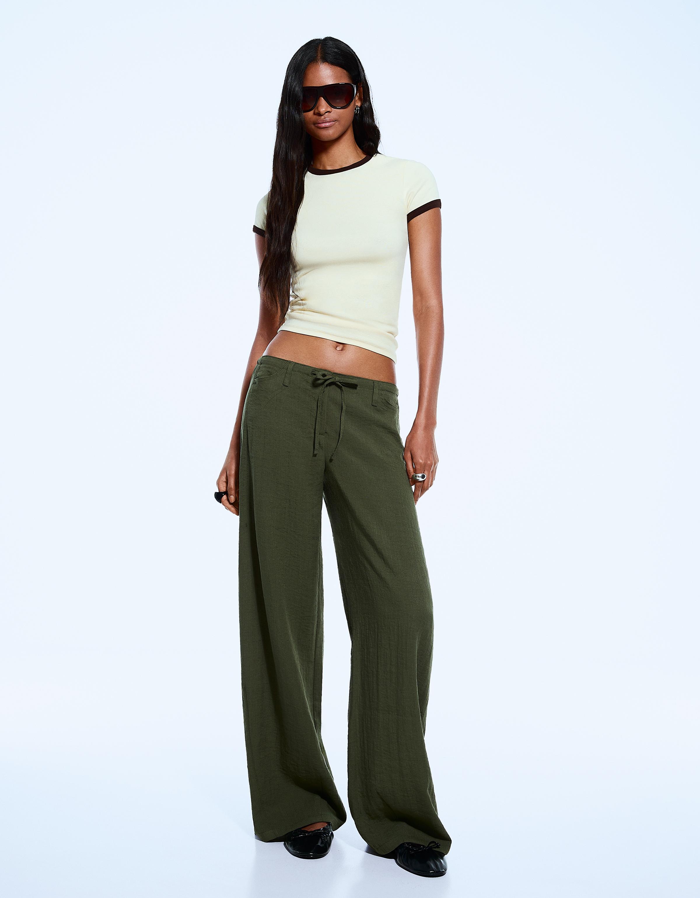 Bershka Hose Mit Weitem Bein Im Rustikalen Stil Damen 42 Grün