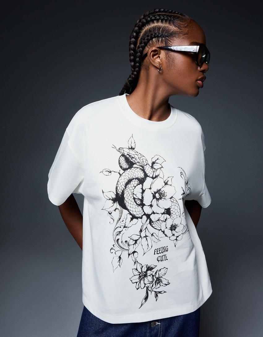 Oversized T-shirt met print en korte mouw-Ecru
