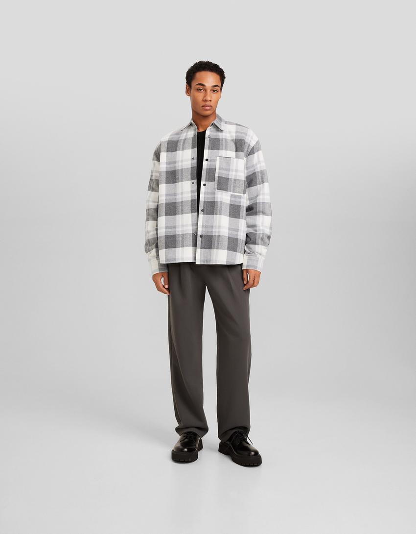 Long sleeve check fleece-lined overshirt-White / Black