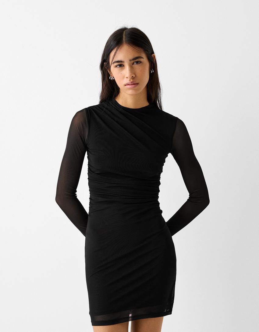 Vestido mini manga comprida tule franzido-Preto-1