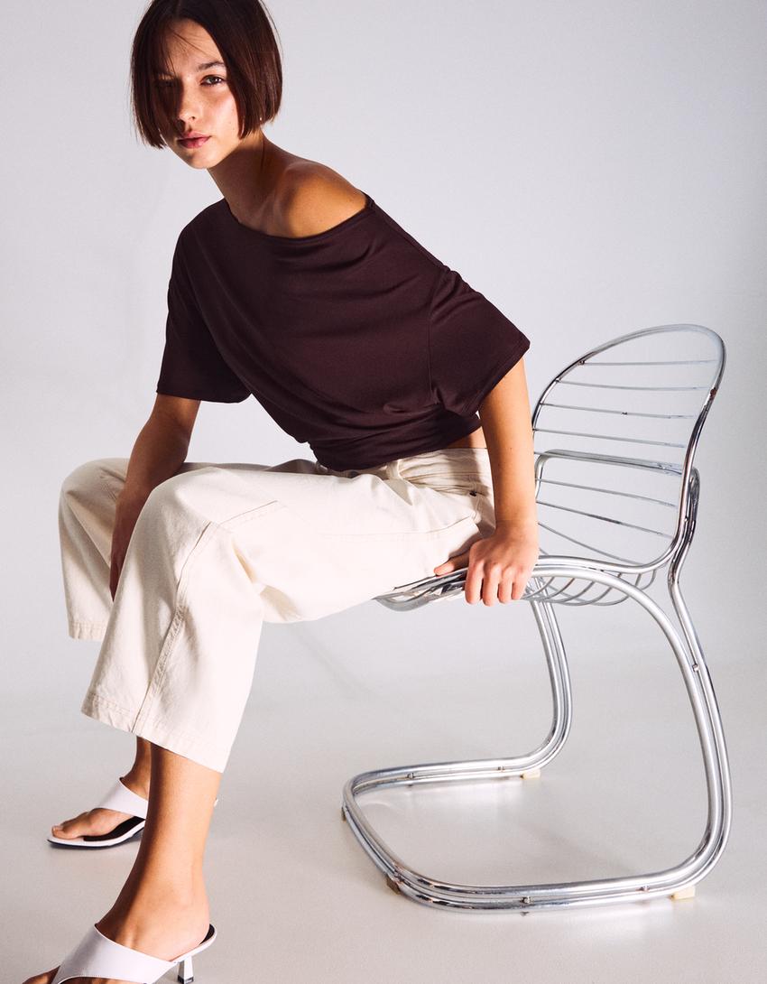 Asimetrik kısa kollu tişört-Kahverengi