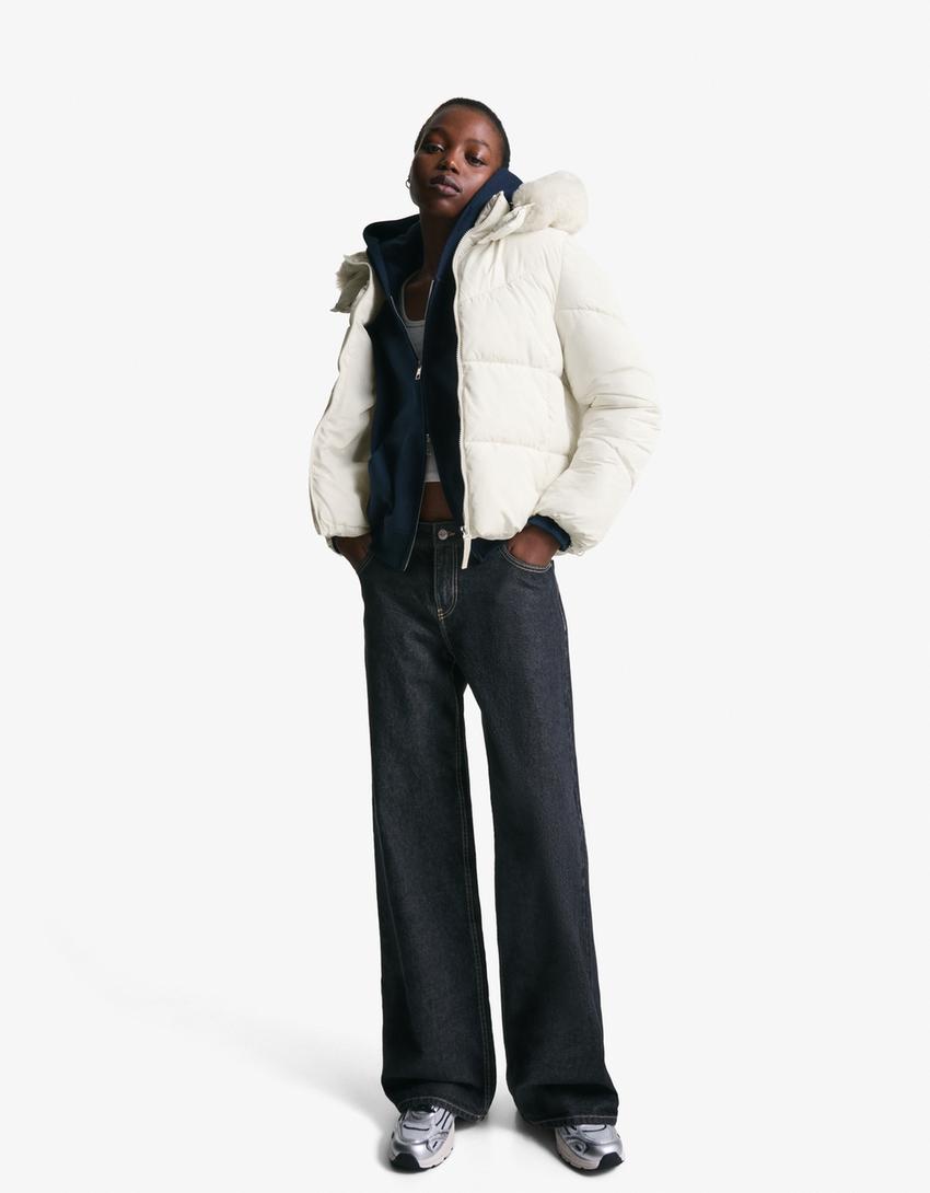 Puffer jacket with faux fur hood-Sand-0