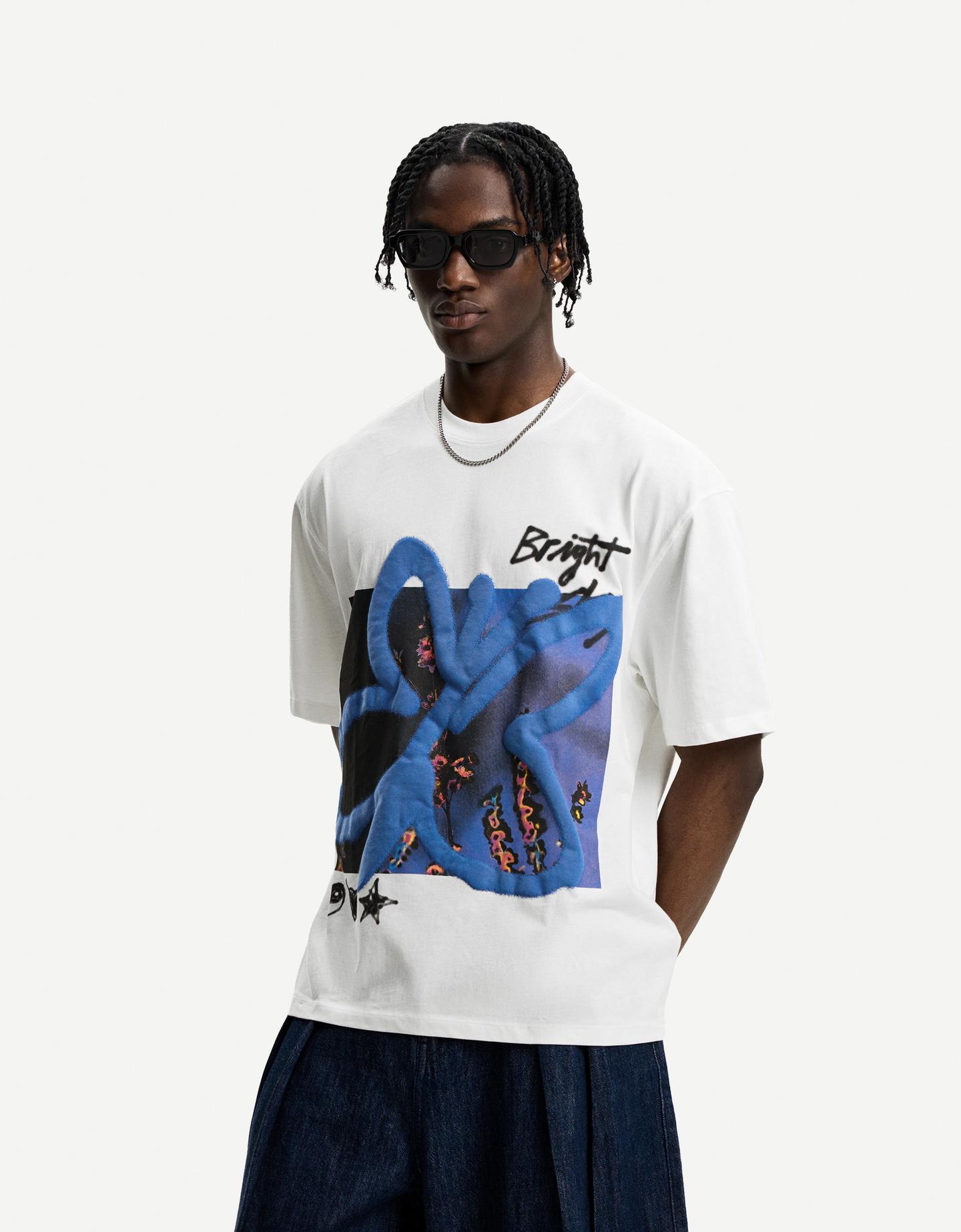 Bershka Camiseta Manga Corta Boxy Print Hombre Xl Blanco