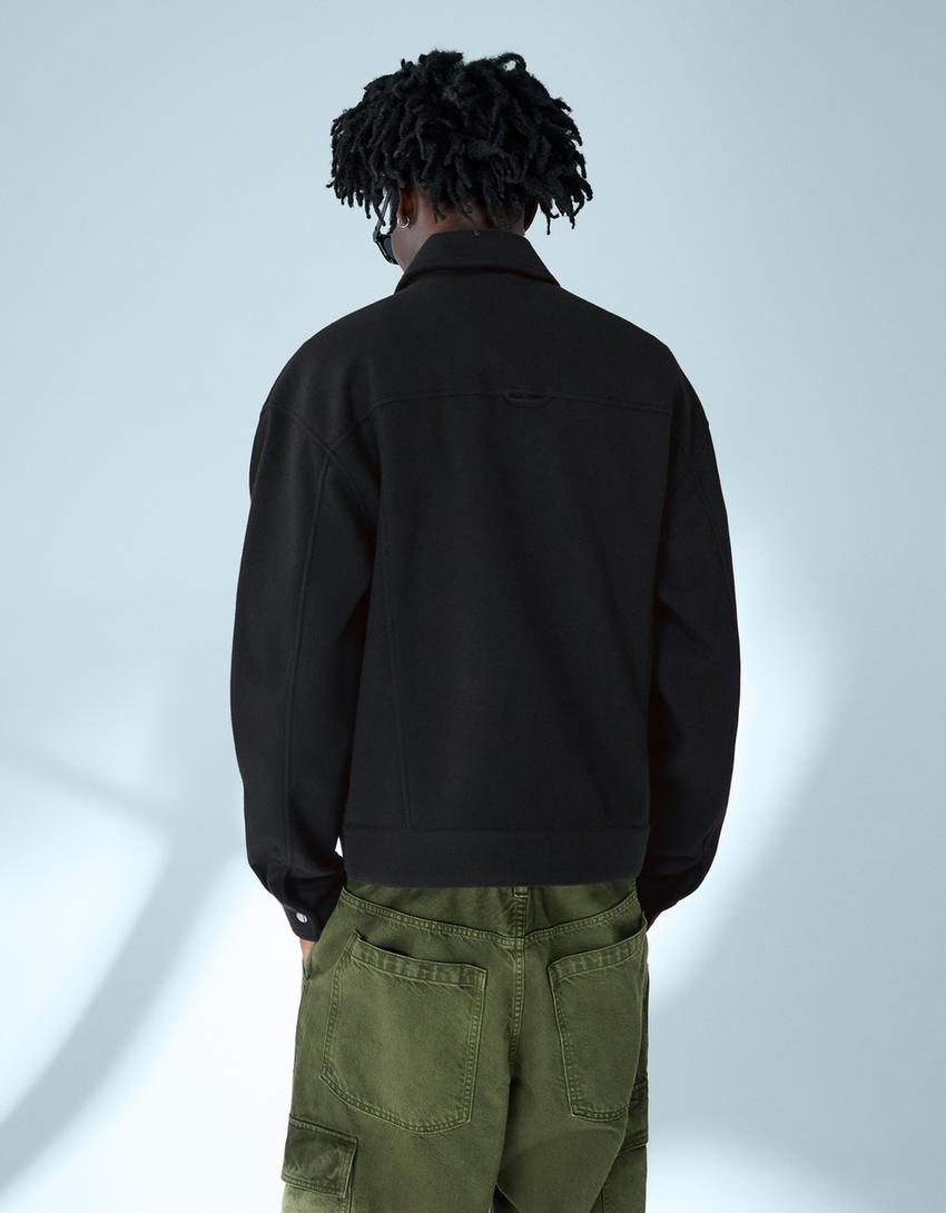 Boxy flannel zip overshirt-Black