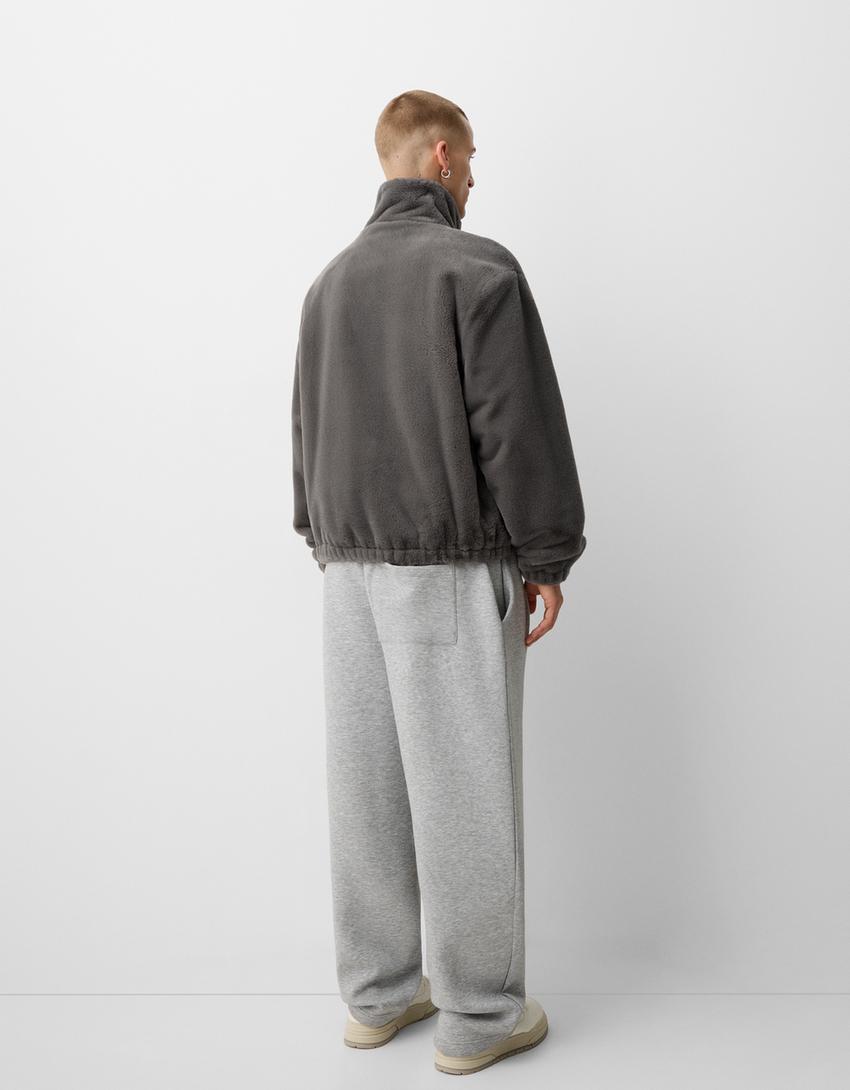 Faux fur zip-up high neck jacket-Dark grey-1