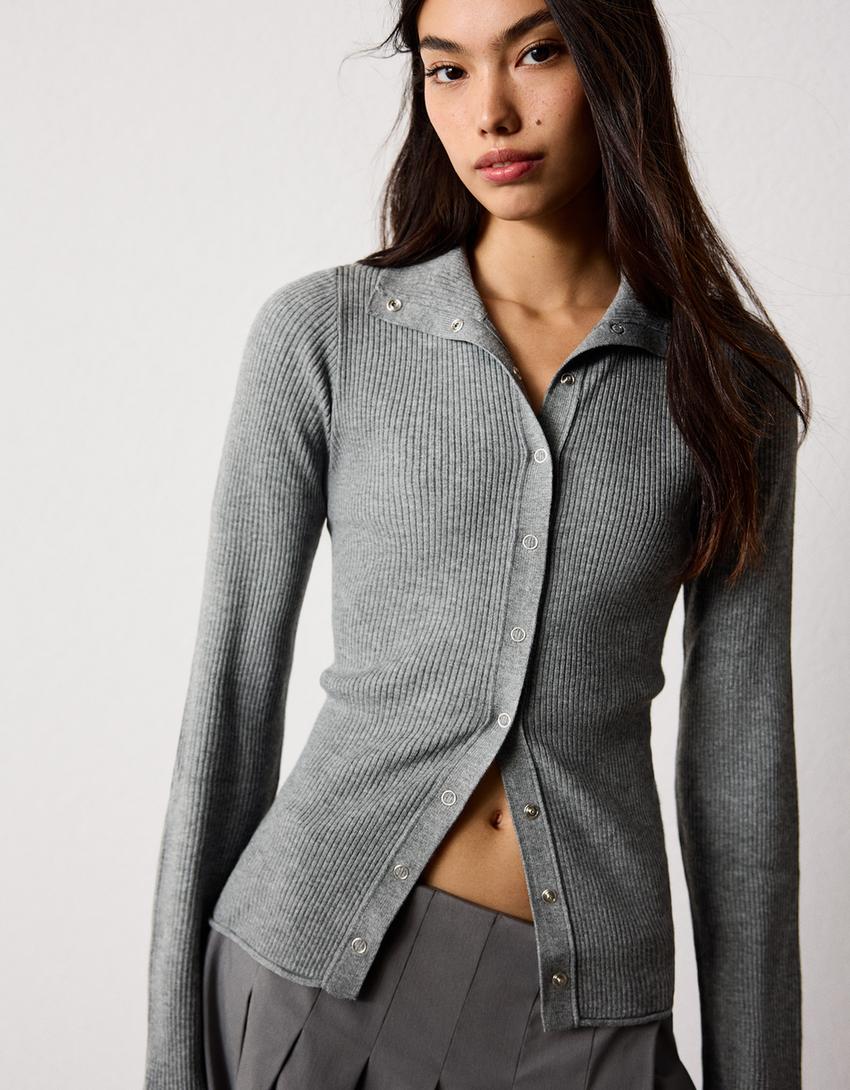 Cardigan côtelé à agrafes-Gris