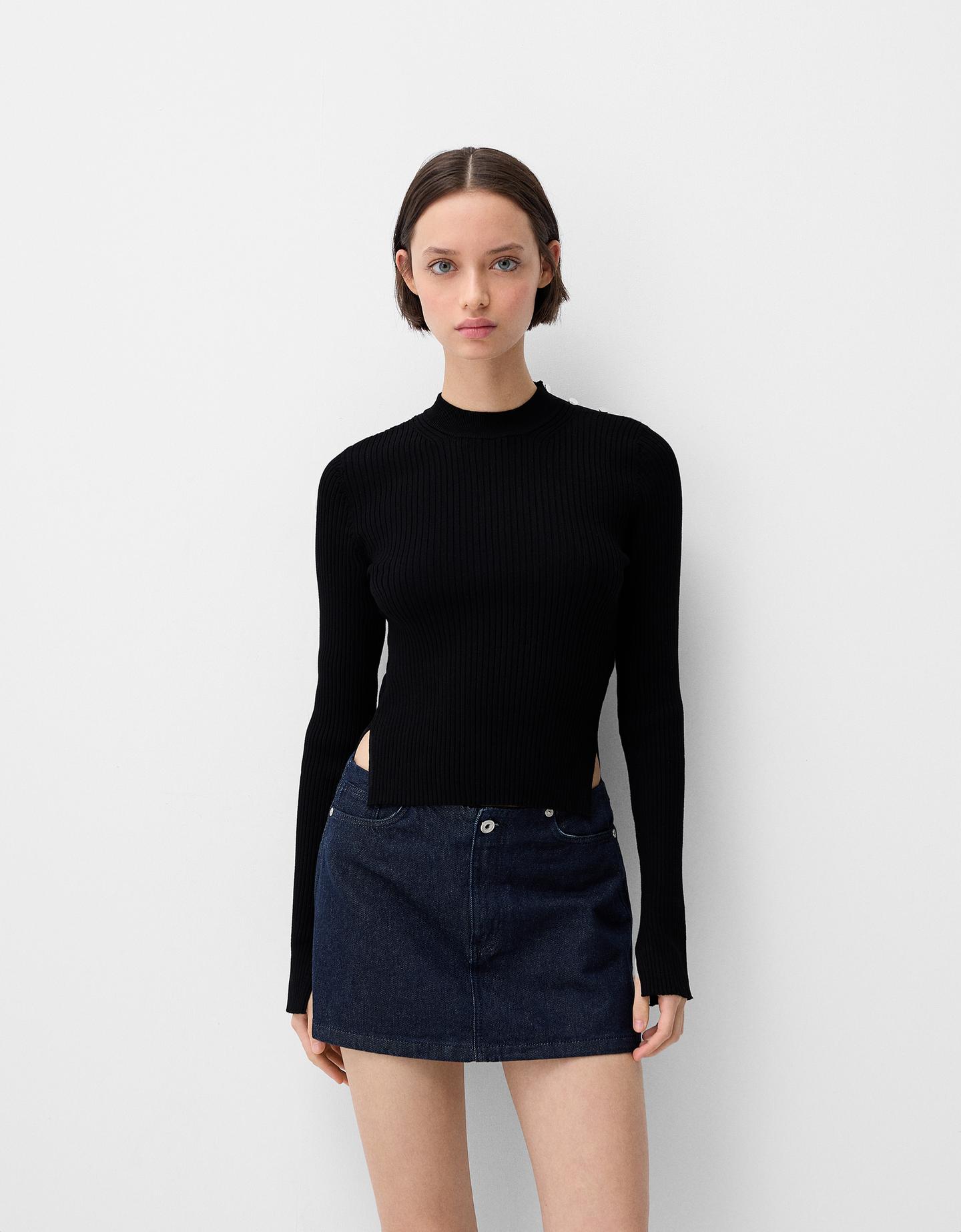 Bershka Jersey Rib Cuello Alto Botones Hombro Mujer Xs Negro