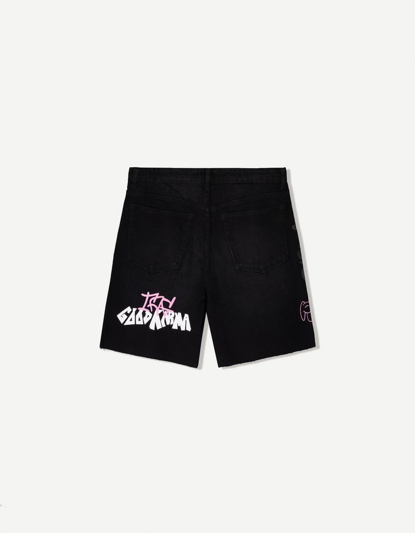 Printed denim Bermuda shorts-Black