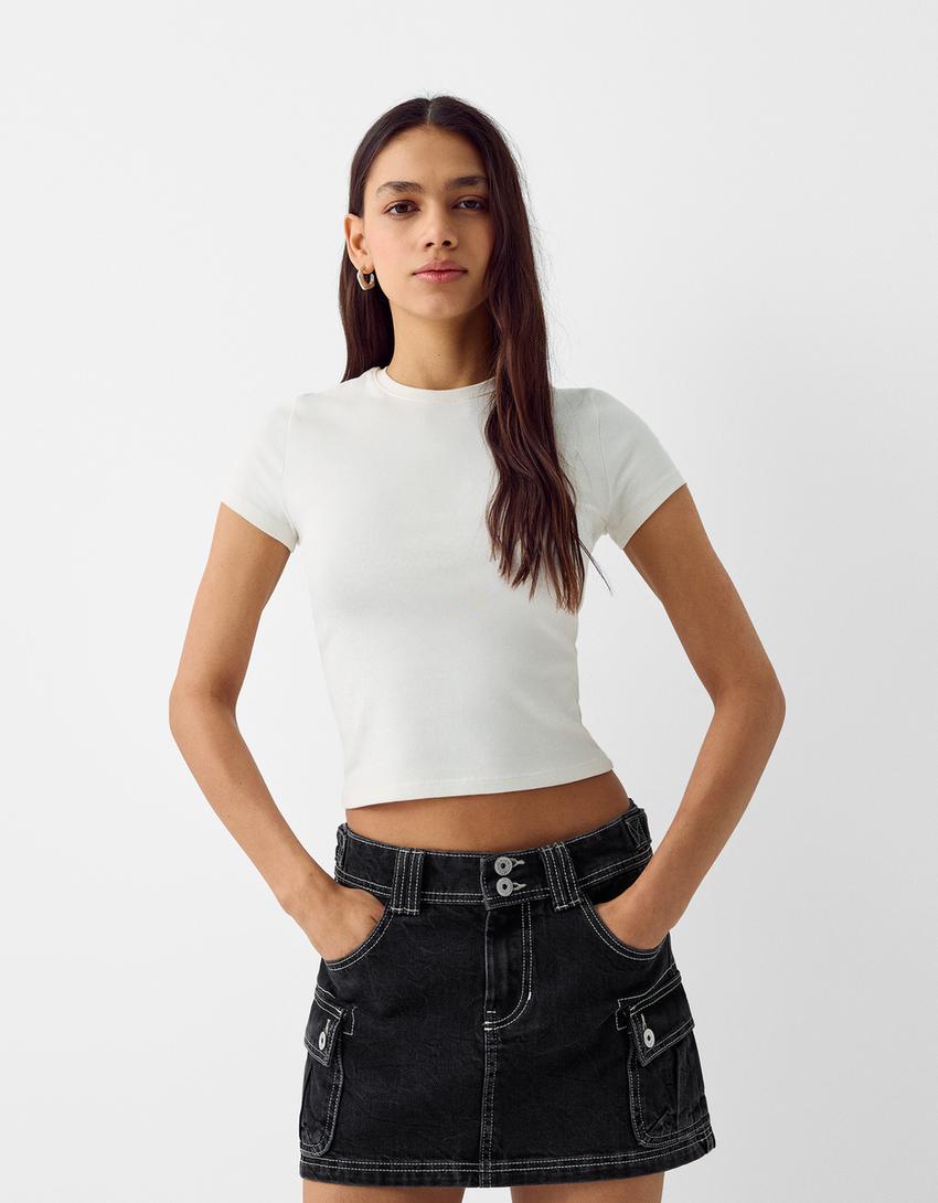 Denim mini cargo skirt-Black