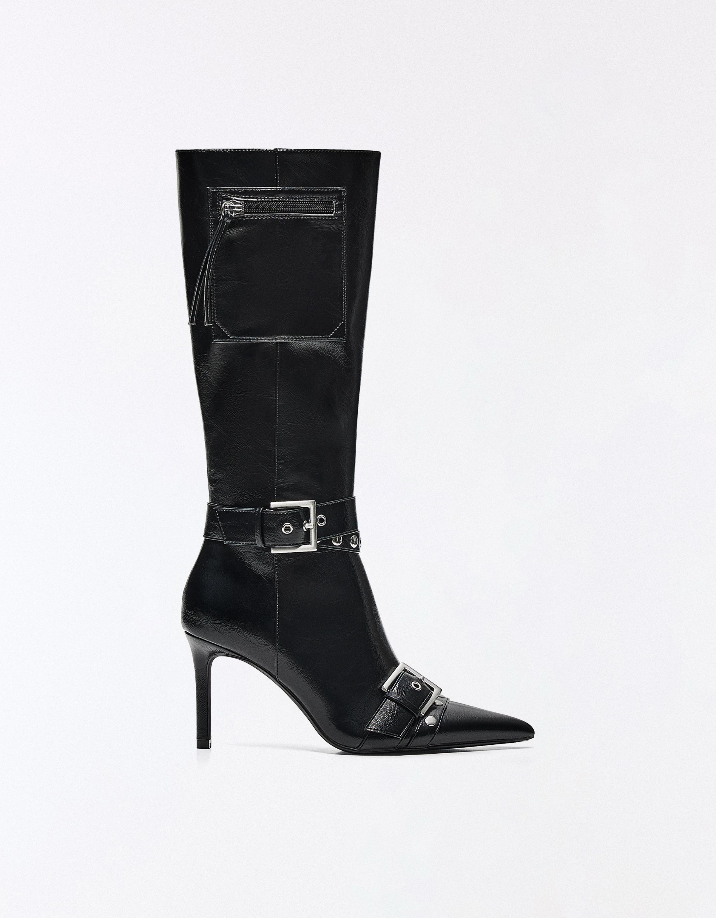 Heeled boots with buckle detail — BLACK