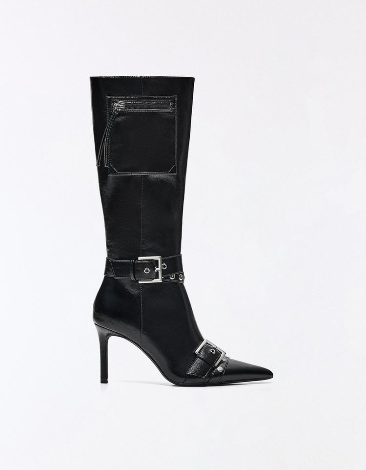 Heeled boots with buckle detail — BLACK