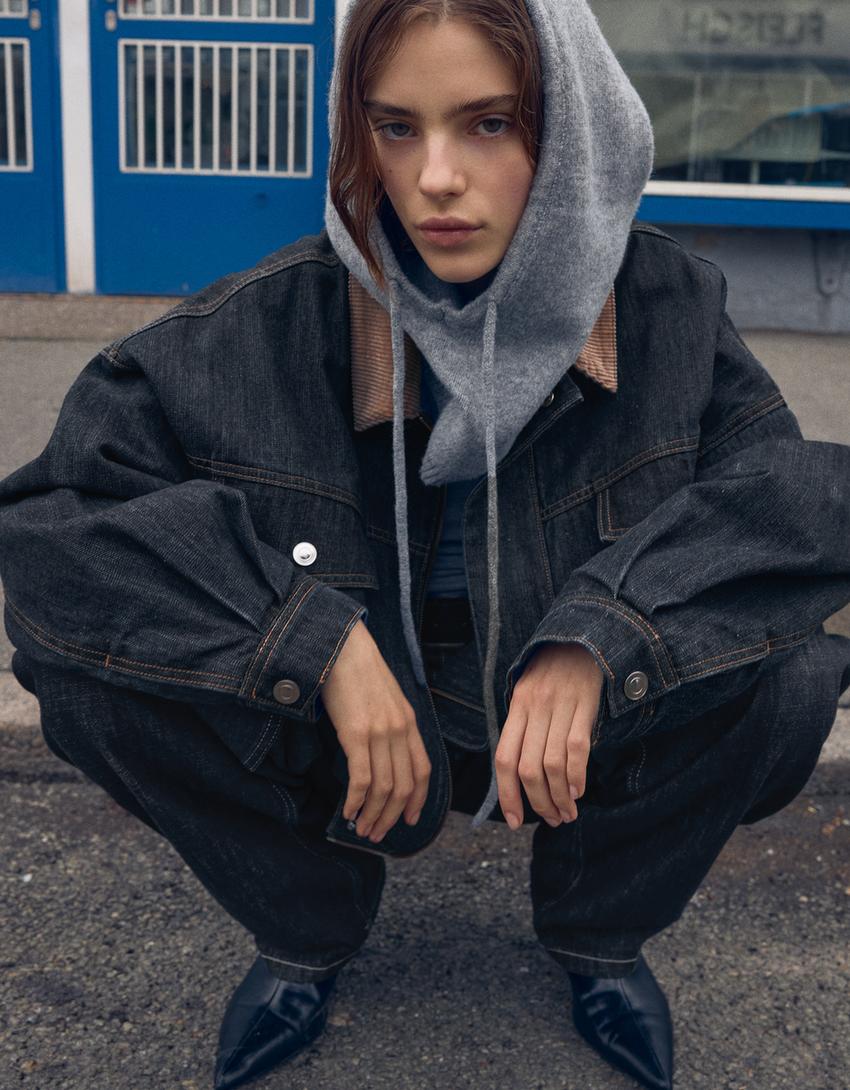 Oversize denim jacket with contrast collar-Navy